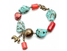 Turquoise & Coral Bead & Elephant Charm Bracelet.jpg
