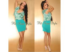 Green Print Ruffle Silk Top Teal Knit Bandage Dress (SW036) -1850+%