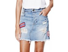 90s Patched Denim Miniskirt in Grunge Destroy Wash