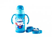 8185 GIPFEL Термопоильник KIDS вакуумный c 3D-принтом, двумя ручками и ремешком, 400мл. Материал: пластик, силикон, нержавеющая сталь 18/10. Цвет: синий