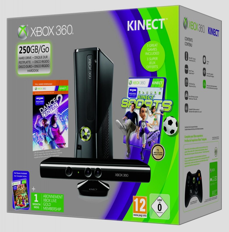 Xbox 360 (250 Gb)   Kinect +  Kin Adv, Kin Sports, Dance Central 2 +1M Live 