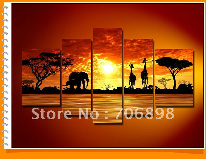 Framed-5-Panels-100-Handmade-Modern-African-Art-font-b-Elephant-b-font-and-Giraffe-Landscape.jpg