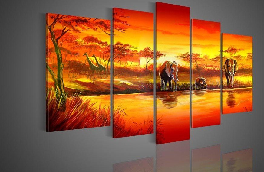 100-Hand-painted-Free-shipping-hot-sun-giraffe-Lake-forest-font-b-elephants-b-font-landscape.jpg