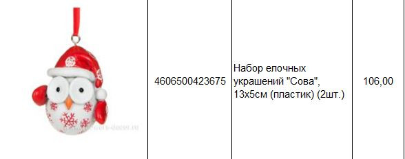 4606500423675 Набор елочных украшений Сова, 13х5см (пластик) (2шт.) 106.JPG