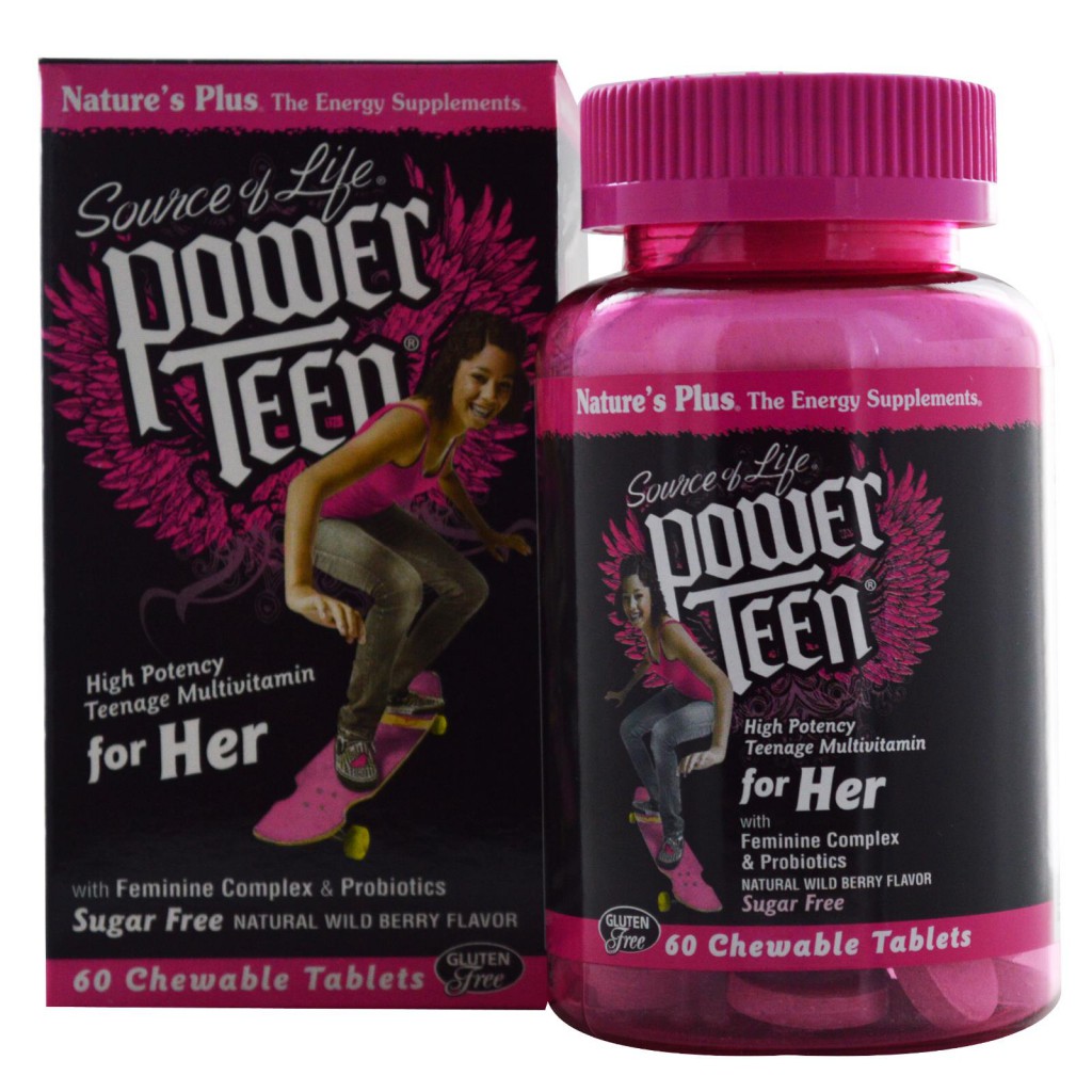 Nature's Plus, Source of Life, Power Teen, For Her, Sugar Free, Natural Wild Berry Flavor, 60 Chewable Tablets