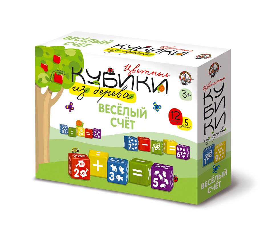 01585 Деревянные кубики Веселый счет(Набор деревянных кубиков . 12 штук 5 цветов с закругленными углами. Белые знаки, цифры и предметы на разноцветных куб 285,0