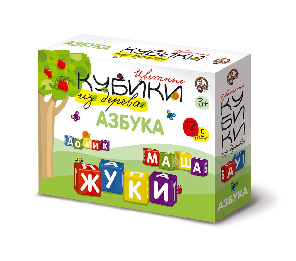 01586 Деревянные кубики Азбука(Набор деревянных кубиков. 12 штук 5 цветов с закругленными углами.Белые буквы на разноцветных кубиках.) 285,00