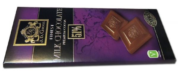  J.D. GROSS Finest MILK CHOCOLATE Premium cocoa 51%, 125 . 180 .