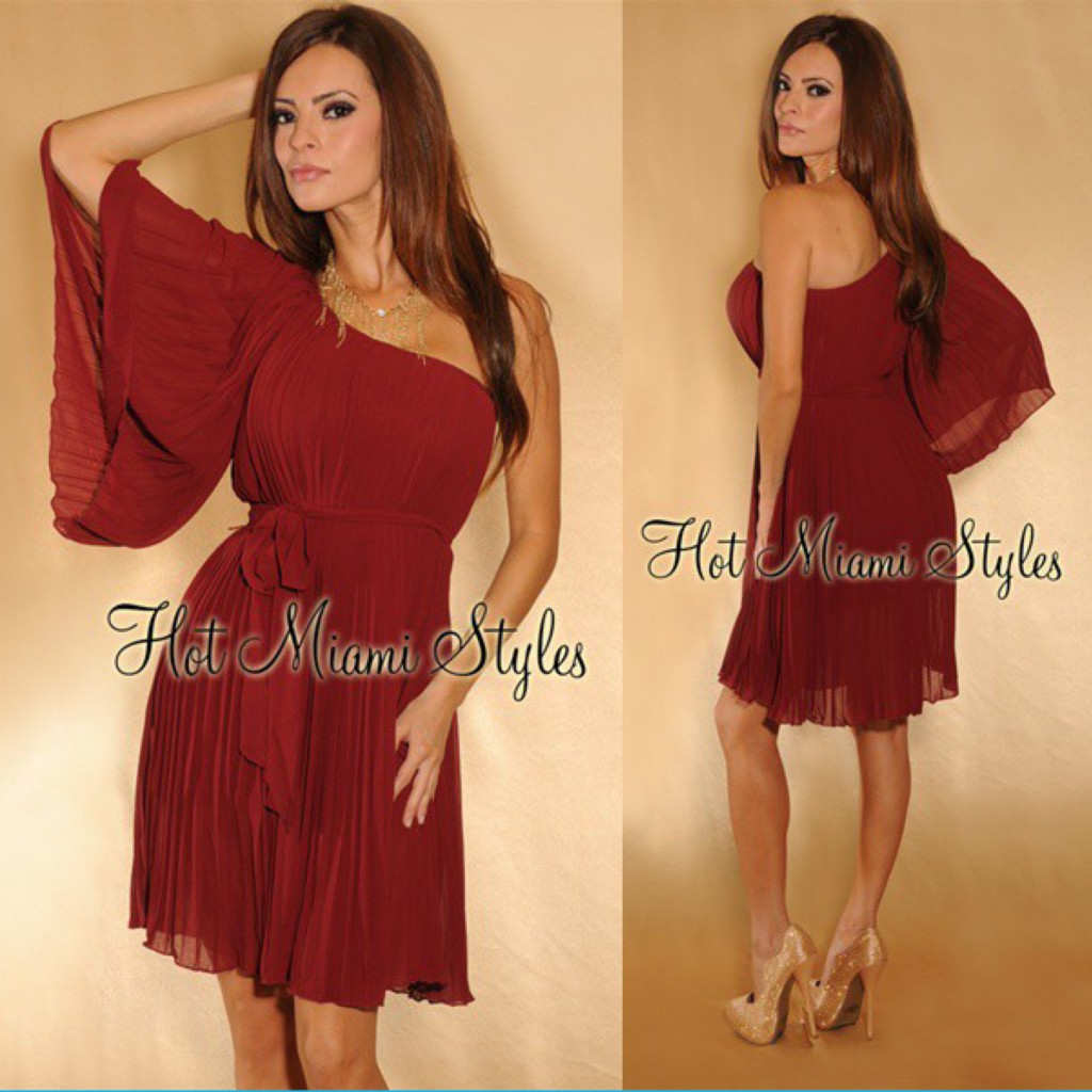 Wine Red One Shoulder Single Full Length Sleeve Goddess Dress (XA4575) - 1700+ %