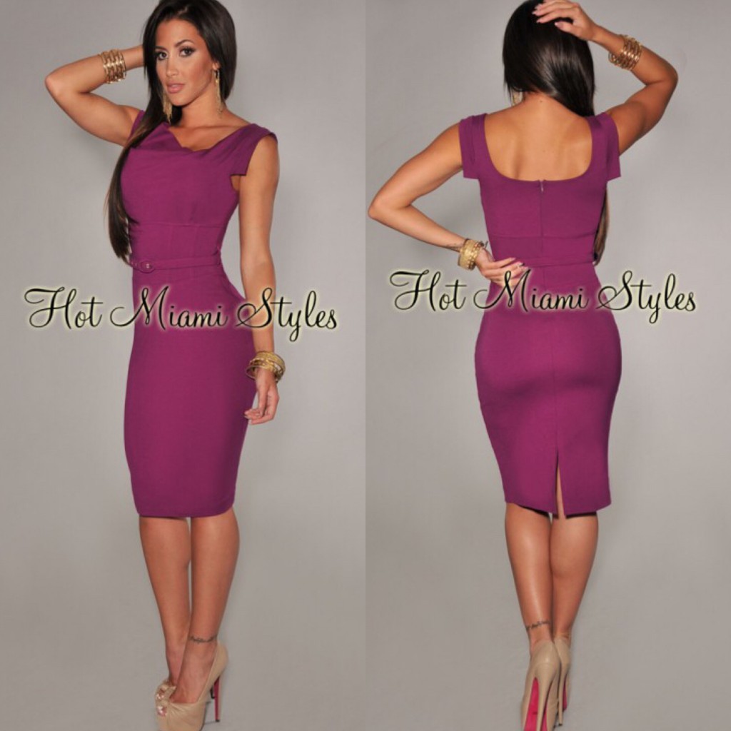 Plum Belted Pencil Knee Length Dress (D700) - 2700 +%