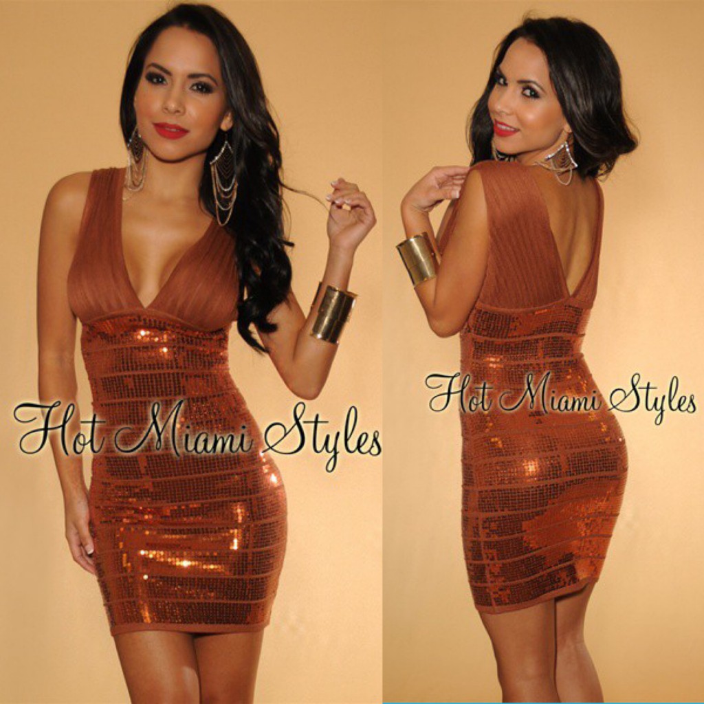 Copper High-Shine Sequined V-Neck Bandage Dress (B736) - 2300 + %