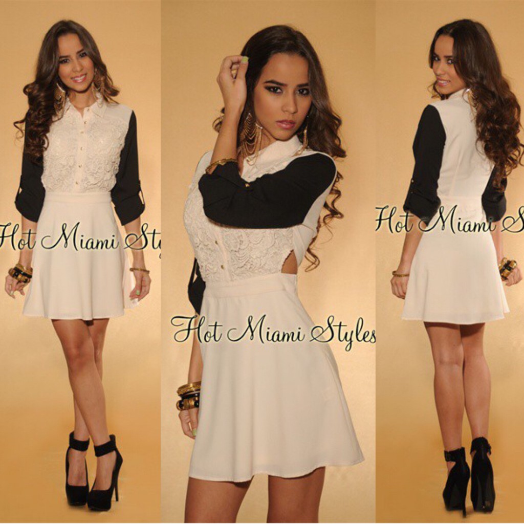 Cream Black Lace Accent Dress (XA6435) - 2100+%