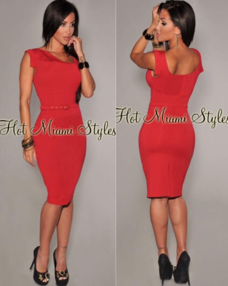 Scarlett Red Belted Pencil Knee Length Dress (D700) - 2700+%