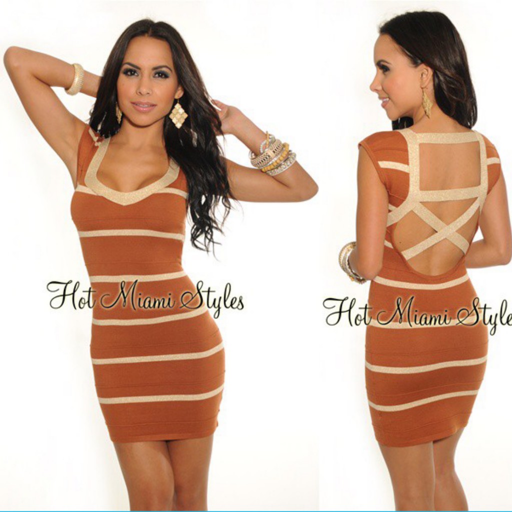 BROWN Gold Metallic Stripes Cage Back Bandage Dress (B817) - 1850 +%