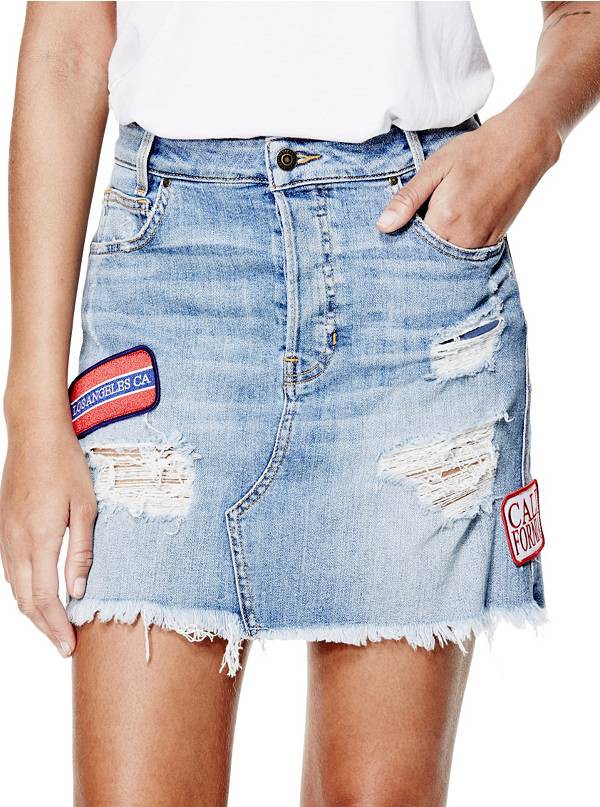 90s Patched Denim Miniskirt in Grunge Destroy Wash