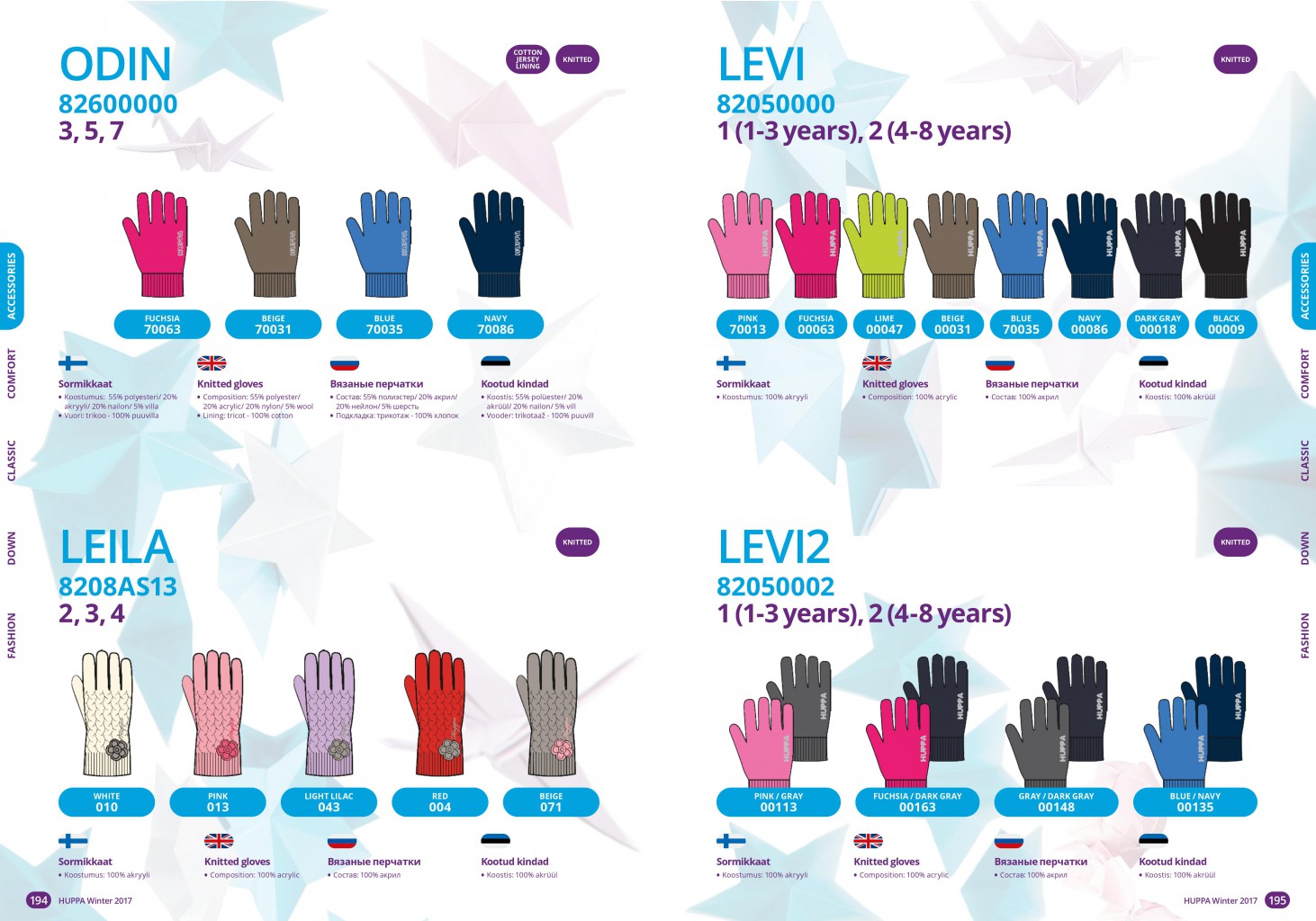 8208AS13	LEILA	Girls' knitted gloves		2-4	7,50 EUR   82050002	LEVI 2	Kids' knitted gloves 2in1		1-2	5,92 EUR