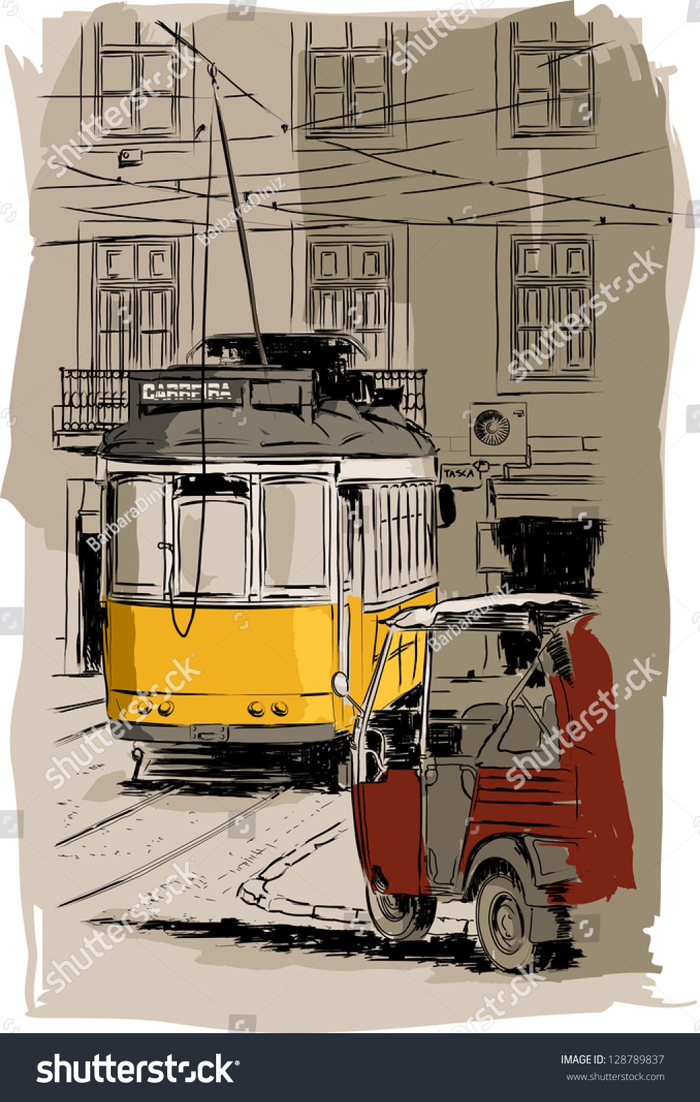 Stock-vector-vector-illustration-of-a-yellow-fashioned-tram-in-an-old-street-of-lisbon-capital-of-portugal-128789837.jpg