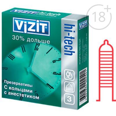 Презервативы VIZIT HI-TECH 30% дольше с кольцами с анестетиком 3 шт. Vizit; Германия