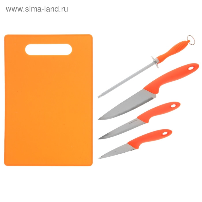 Набор 5 предметов: 3 ножа 9/12/15 см, мусат, доска 30*20 см, цвета МИКС