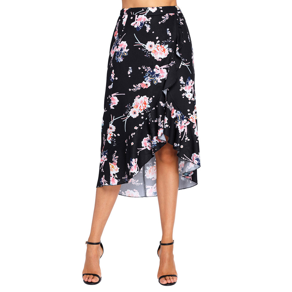 1200  Black Floral Ruffle Wrap Knee-length Skirt