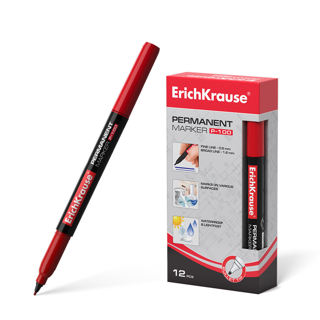 12843 Перманентный маркер ErichKrause® P-100, цвет чернил красный (в коробке по 12 шт.) Цена 55,7+% в наличии 4 шт.jpg