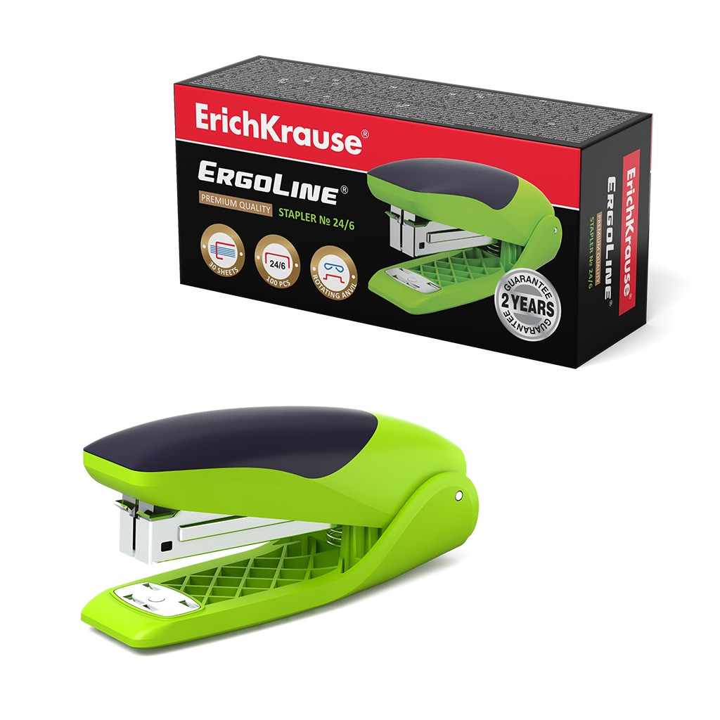 46169 Cтеплер №24-6 ErichKrause® ErgoLine® до 30 листов, ярко-салатовый (в коробке по 1 шт.) Цена 297+% в наличии 3 шт.jpg
