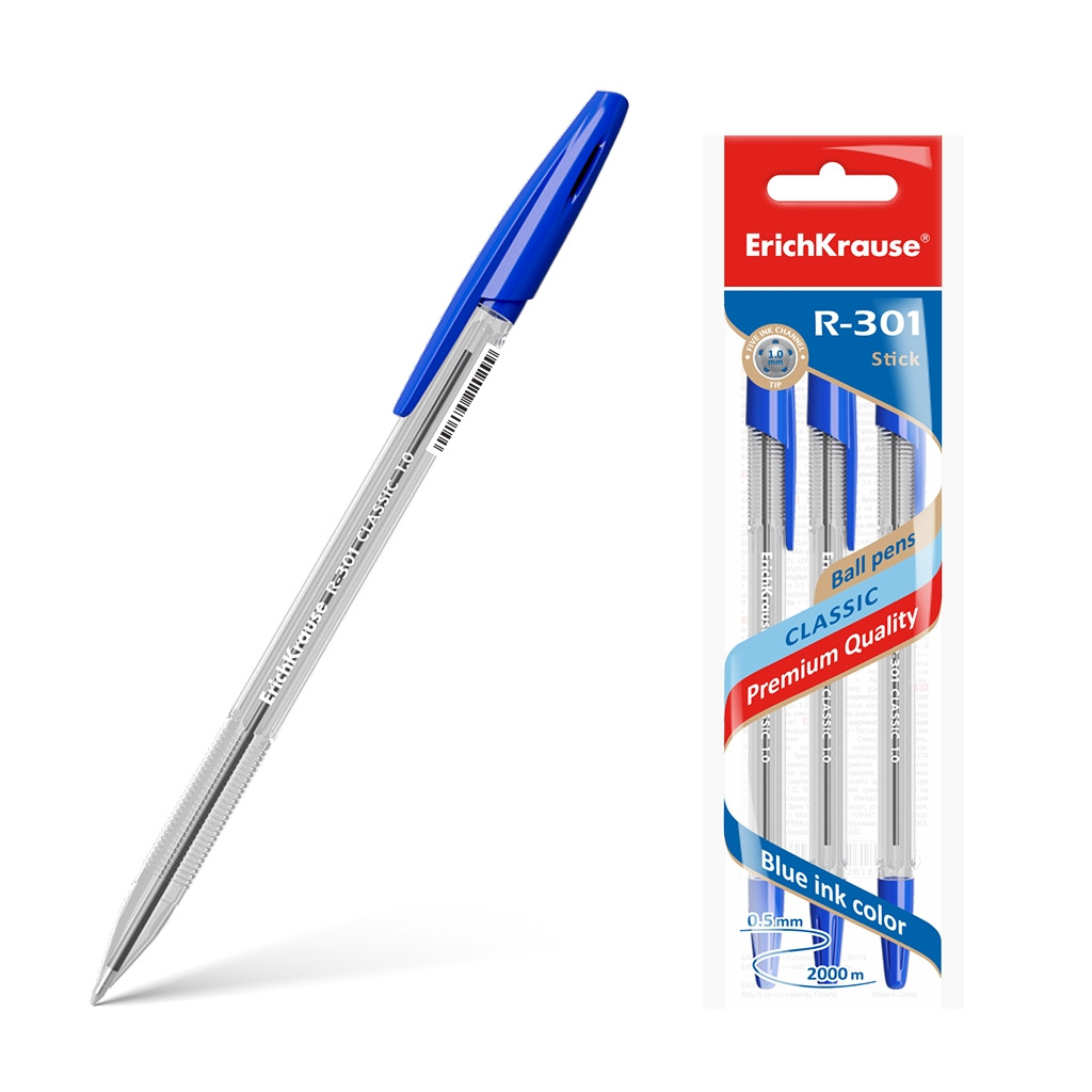 42618 Ручка шариковая ErichKrause® R-301 Classic Stick 1.0, цвет чернил синий (в пакете по 3 шт.) Цена 45,5+% в наличии 1 упаковки.jpg