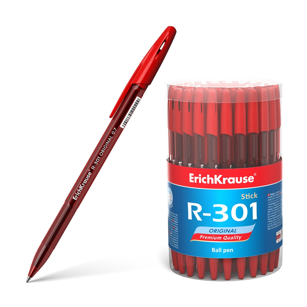 46774 Ручка шариковая ErichKrause® R-301 Original Stick 0.7, цвет чернил красный (в тубусе по 60 шт.) Цена 13,2+% в наличии 3 шт.jpg