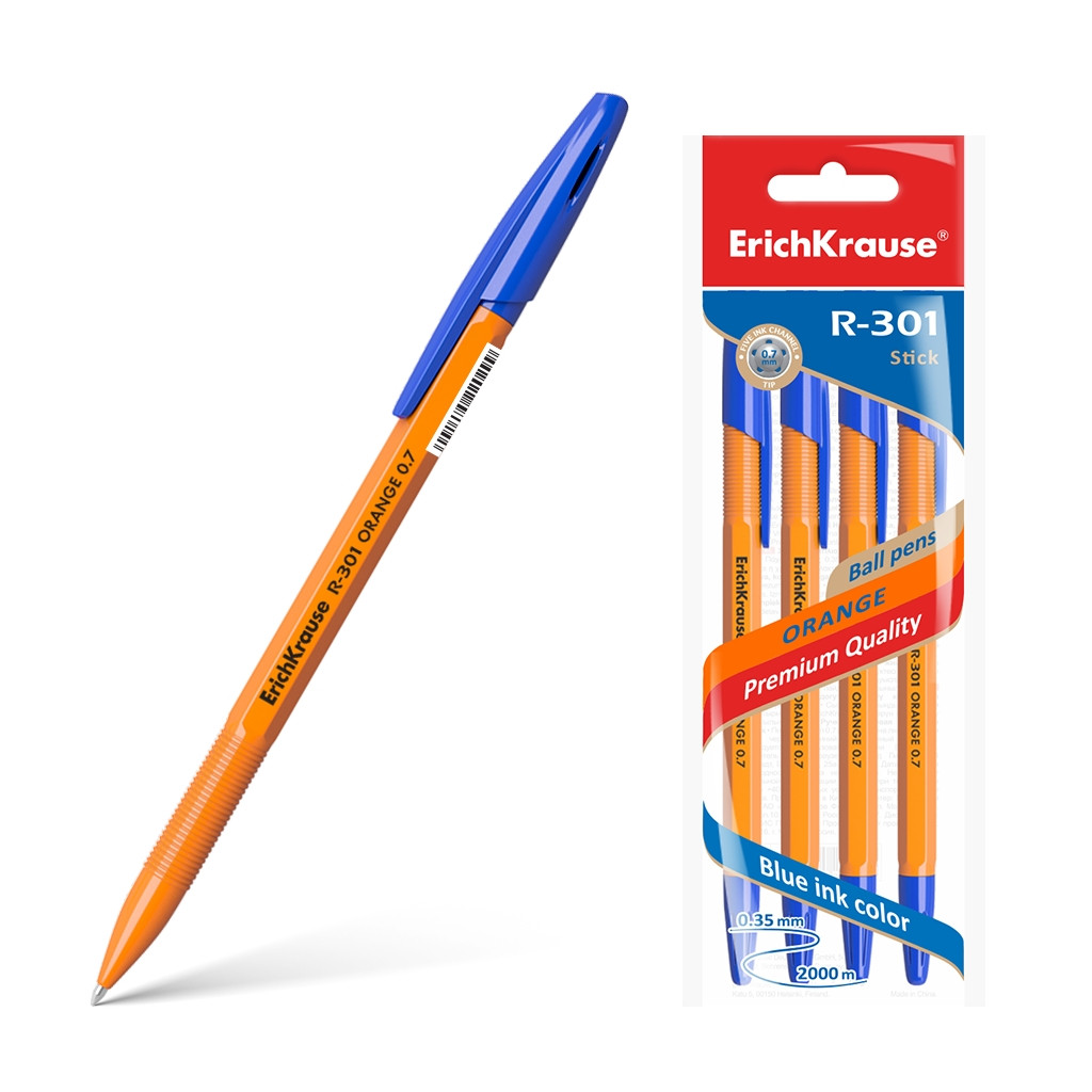 22189 Ручка шариковая ErichKrause® R-301 Orange Stick 0.7, цвет чернил синий (в пакете по 4 шт.) Цена 58,03+% в наличии 7 шт.jpg