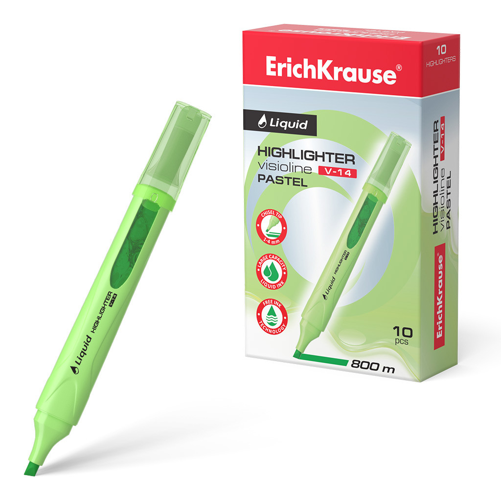 56024 Текстмаркер ErichKrause® Liquid Visioline V-14 Pastel, цвет чернил зеленый (в коробке по 10 шт.) Цена 46+% в наличии 2 шт.jpg