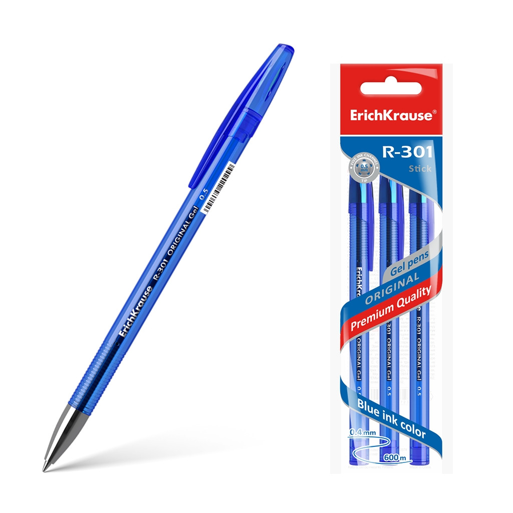 42723 Ручка гелевая ErichKrause® R-301 Original Gel Stick 0.5, цвет чернил синий (в пакете по 3 шт.) Цена 73+% в наличии 13 упаковки.jpg