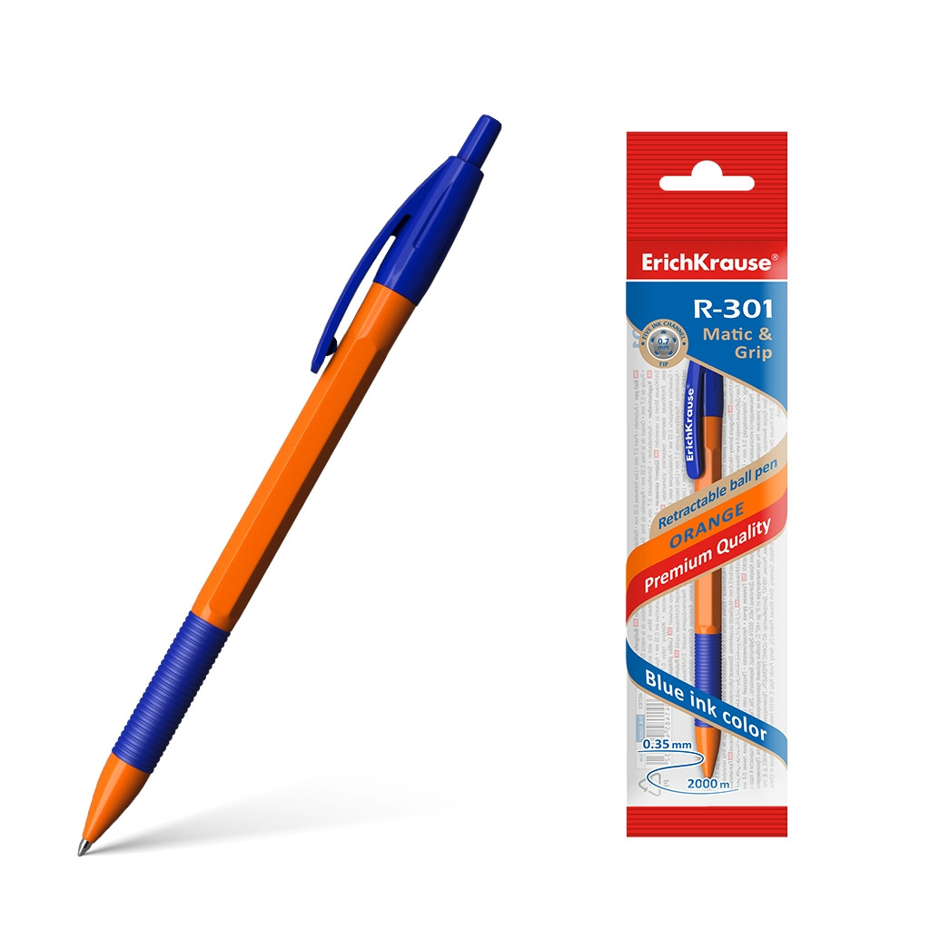 46763 Ручка шариковая автоматическая ErichKrause® R-301 Orange Matic&Grip 0.7, цвет чернил синий (в пакете по 1 шт.) Цена 21,6+% в наличии 2 шт.jpg