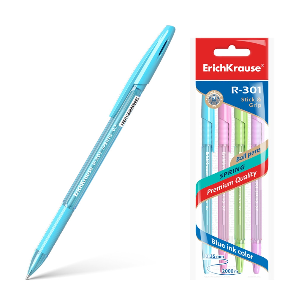 42750 Набор из 4 ручек шариковых ErichKrause R-301 Stick&Grip Spring 0.7, цвет чернил синий (в пакете) Цена 86+% в наличии 16 упаковки.jpg