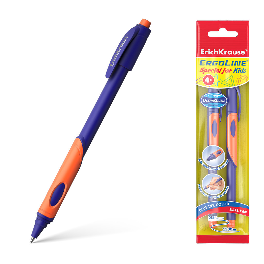 58525 Ручка шариковая ErichKrause® ErgoLine® Kids, Ultra Glide Technology, цвет чернил синий (в пакете по 2 шт.) оранжевая грип-зона Цена 103+% в наличии 11 шт.jpg