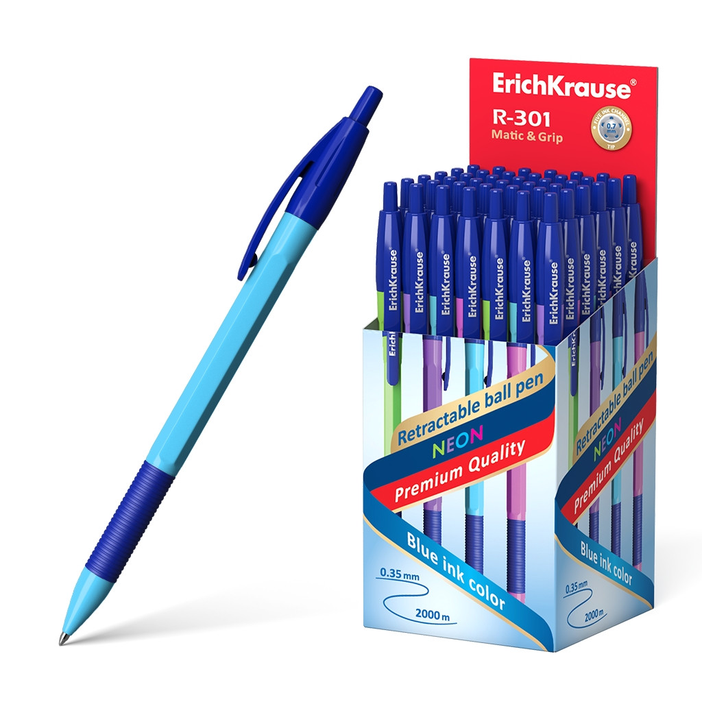 46769 Ручка шариковая автоматическая ErichKrause R-301 Matic&Grip Neon 0.7, цвет чернил синий (в коробке по 50 шт.)