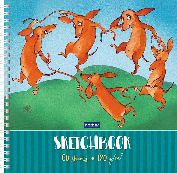 SketchBook 60л А4ф 210х210мм без линовки с твердой обложкой запечат. форзац с пошаговыми эскизами на гребне-Таксы-Матисс- Цена 125+% в наличии 11 шт.jpg