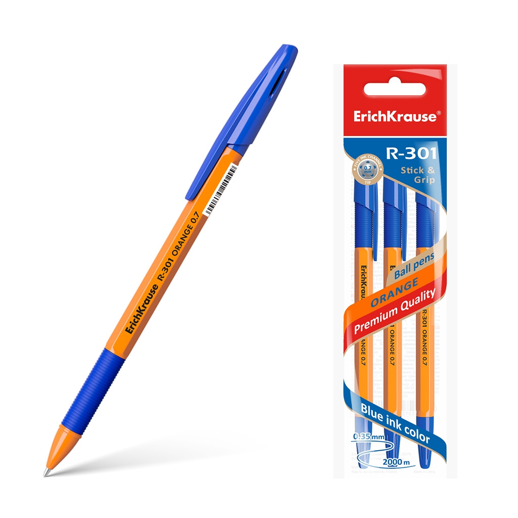42752 Ручка шариковая ErichKrause® R-301 Orange Stick&Grip 0.7, цвет чернил синий (в пакете по 3 шт.) Цена 44+% в наличии 4 упаковок.jpg
