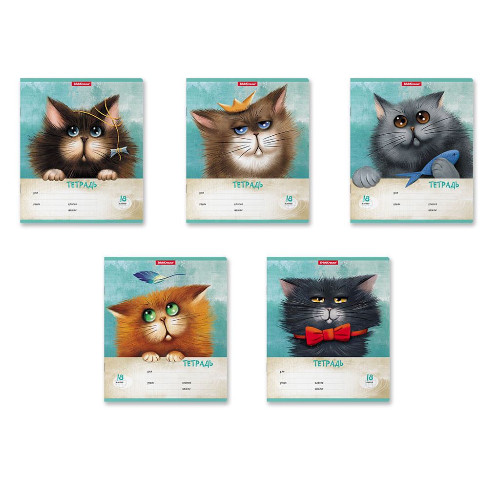 54193 Тетрадь школьная ученическая ErichKrause Funny Cats, 18 листов, клетка (в плёнке по 10 шт.) MIX-PACK Цена 197+% в наличии 16 упаковок.jpg