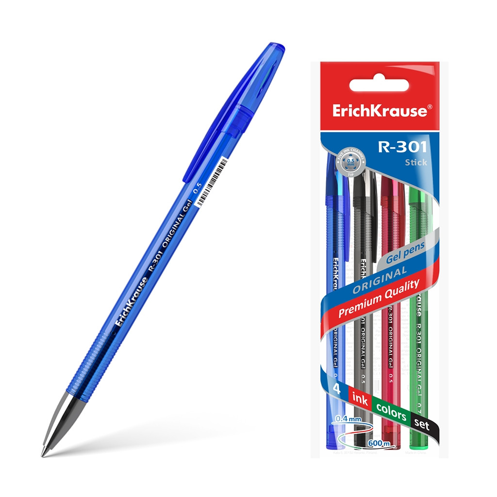 45157 Набор из 4 ручек гелевых ErichKrause R-301 Gel Stick Original 0.5, цвет чернил синий, черный, красный, зеленый (в пакете) Цена 126+% в наличии 16 упаковок.jpg