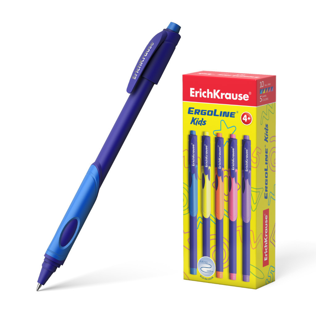 41539 Ручка шариковая ErichKrause ErgoLine® Kids Stick&Grip Neon 0.7, Super Glide Technology, цвет чернил синий (в коробке по 10 шт.) Цена 68+% в наличии 8 шт.jpg