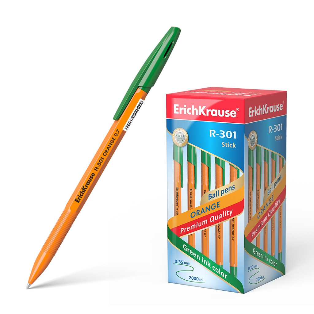 43197 Ручка шариковая ErichKrause R-301 Stick Orange 0.7, цвет чернил зеленый (в коробке по 50 шт.) Цена 14+% в наличии 3.jpg