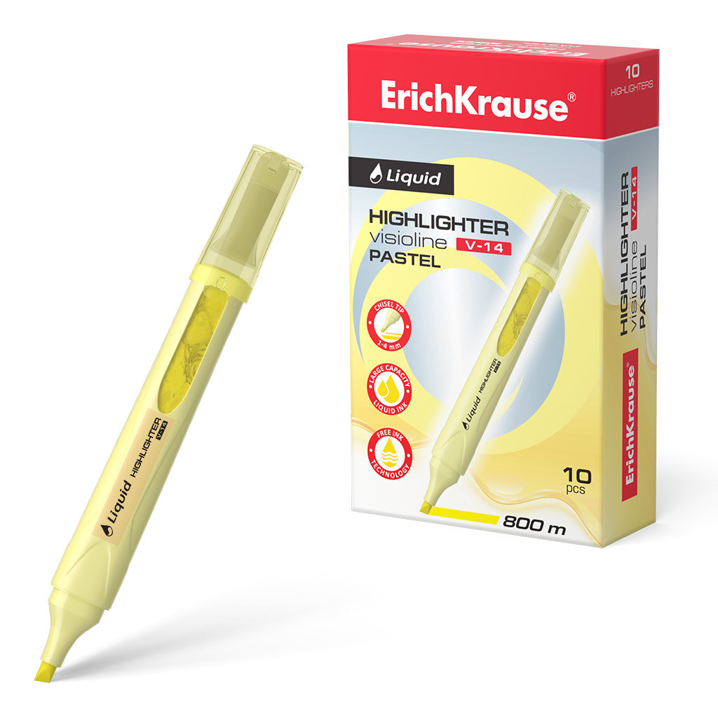 56023 Текстмаркер с жидкими чернилами ErichKrause Visioline V-14 Liquid Pastel, цвет чернил желтый (в коробке по 10 шт.) Цена 47,5+% в наличии 2 шт.jpg