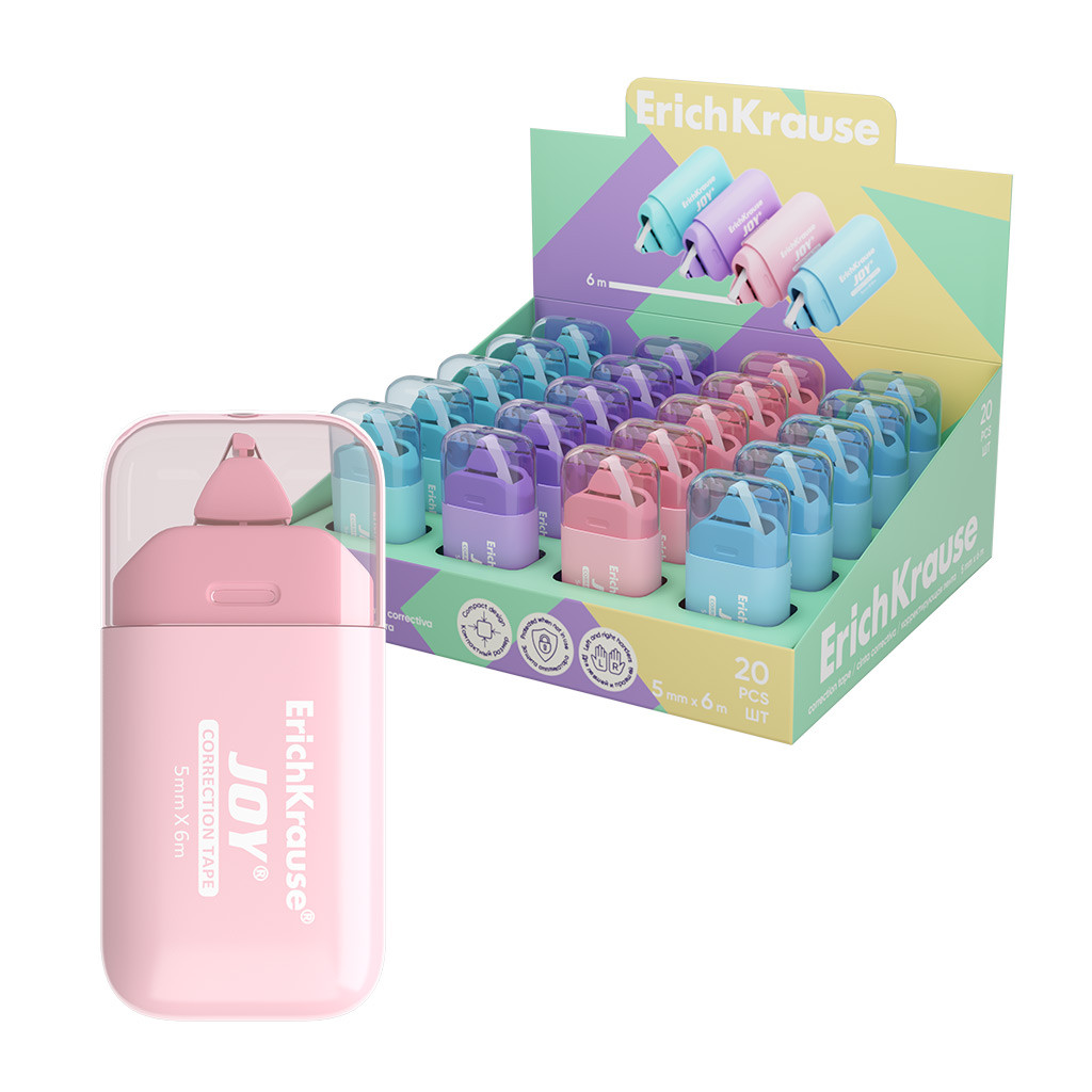 61931 Корректирующая лента ErichKrause JOY® Pastel, 5мм х 6м, ассорти (в дисплее по 20 шт.) Цена 119+% в наличии 1 шт.jpg