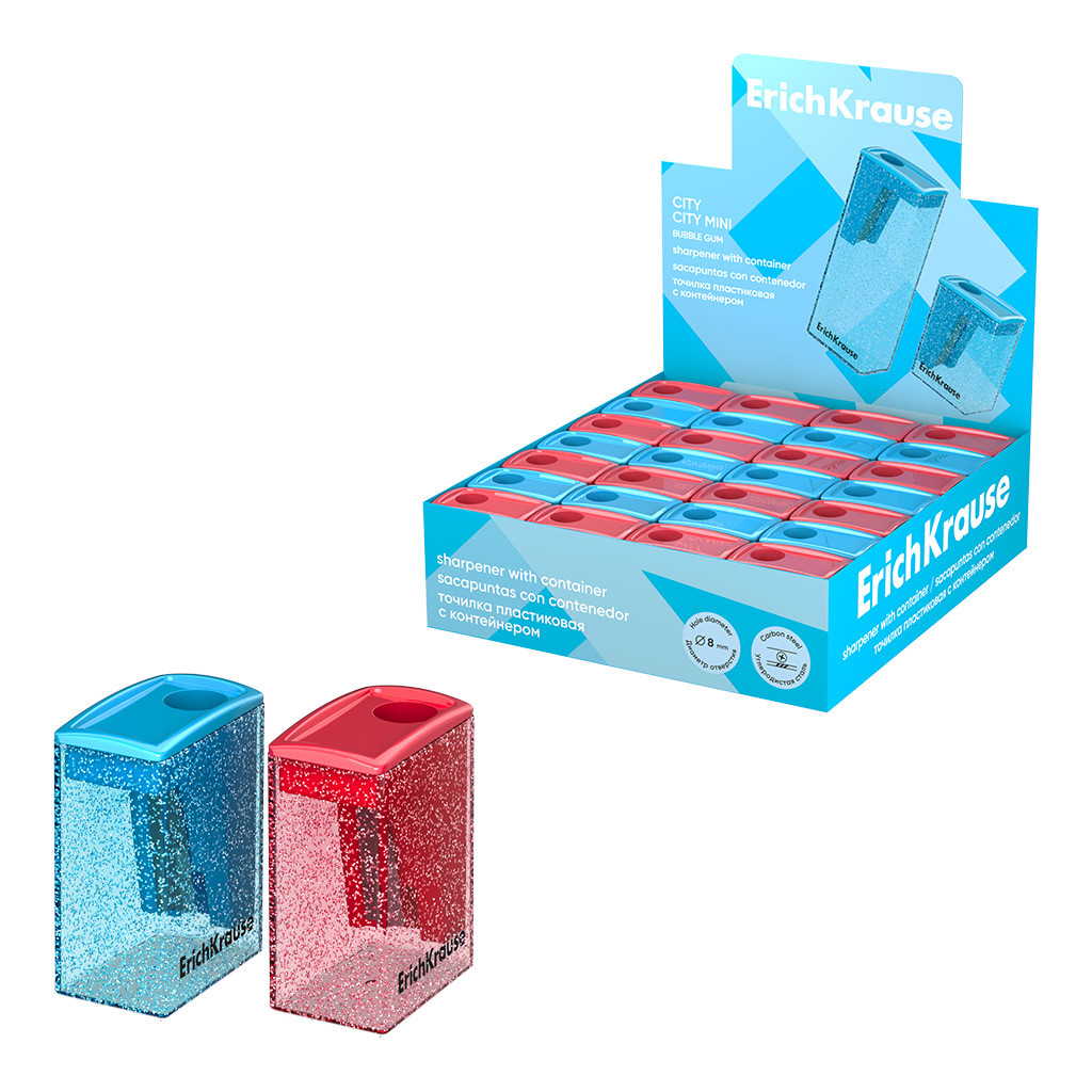 61278 Точилка пластиковая ErichKrause City Mini, Bubble Gum, с контейнером, ассорти (в коробке-дисплее по 28 шт) Цена 24,3+% в наличии 8 шт.jpg