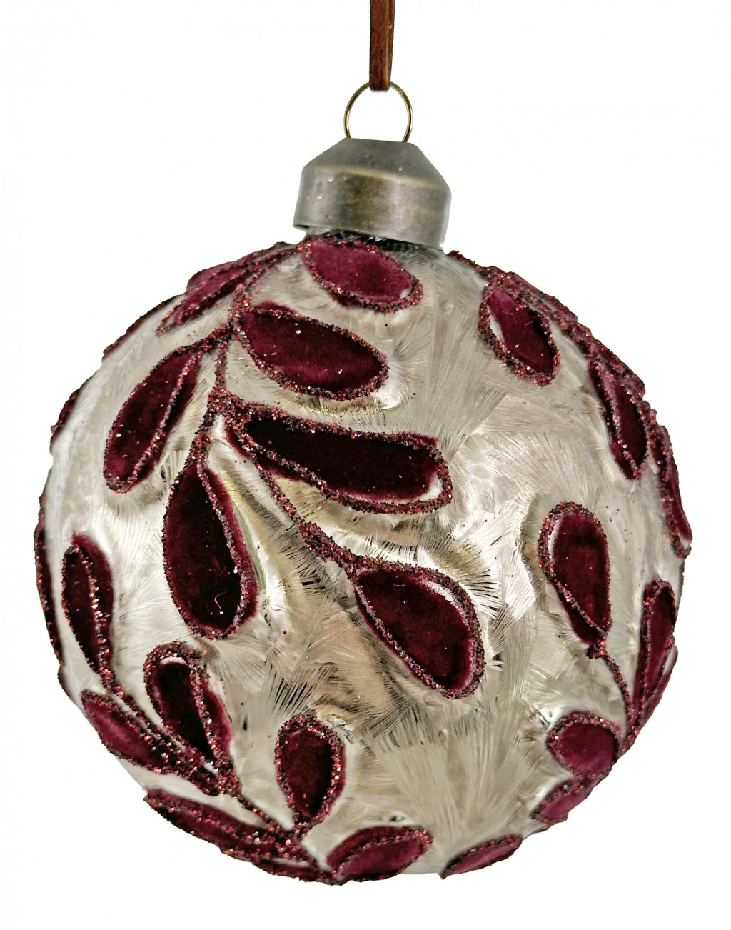 69180 Glass ball grey frosted w/burgundy velvet 8cm a = max width b = base width h = height Min amount (MOQ) 24 - 6,12 