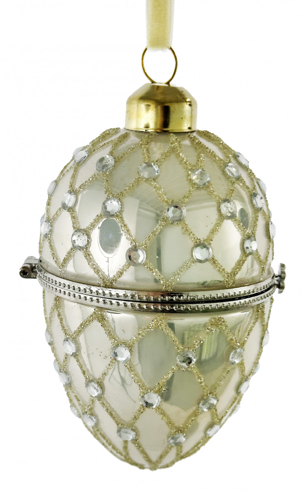 69195 Glass opening egg shiny white w/champagne glitter 11cm a = max width b = base width h = height Min amount (MOQ) 8 - 16,32 