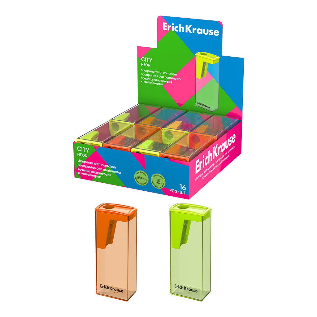 60023 Точилка пластиковая ErichKrause City, Neon, с контейнером, ассорти (в коробке-дисплее по 16 шт) Цена 46,5+% в наличии 2 шт.jpg