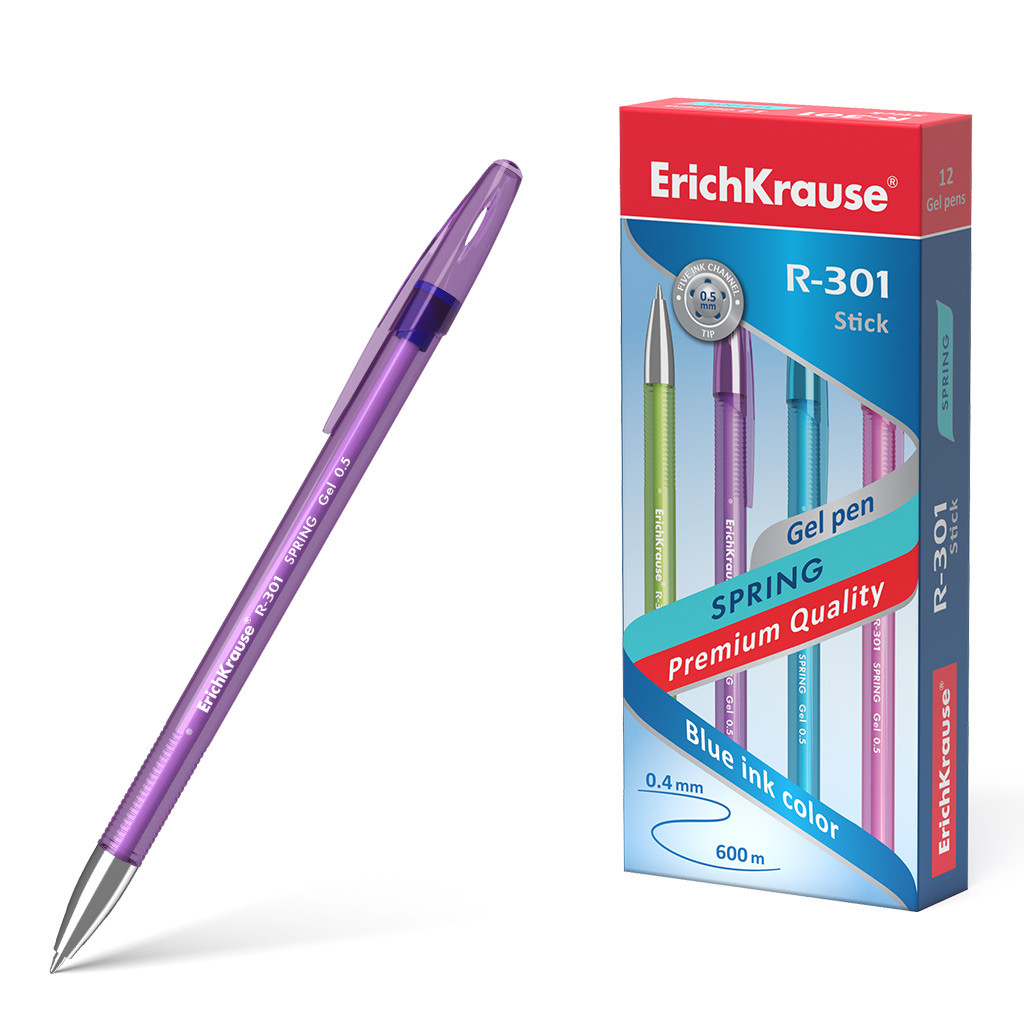 53348 Ручка гелевая ErichKrause R-301 Gel Stick Spring 0.5, цвет чернил синий (в коробке по 12 штук) Цена 19,2+% в наличии 2 шт.jpg