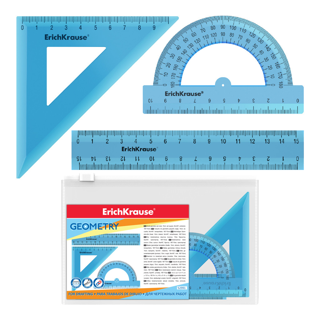 52991 Набор геометрический малый пластиковый ErichKrause Standard, (линейка, угольник, транспортир), голубой (в пакете по 20 шт) Цена 99+% в наличии 18 шт.jpg