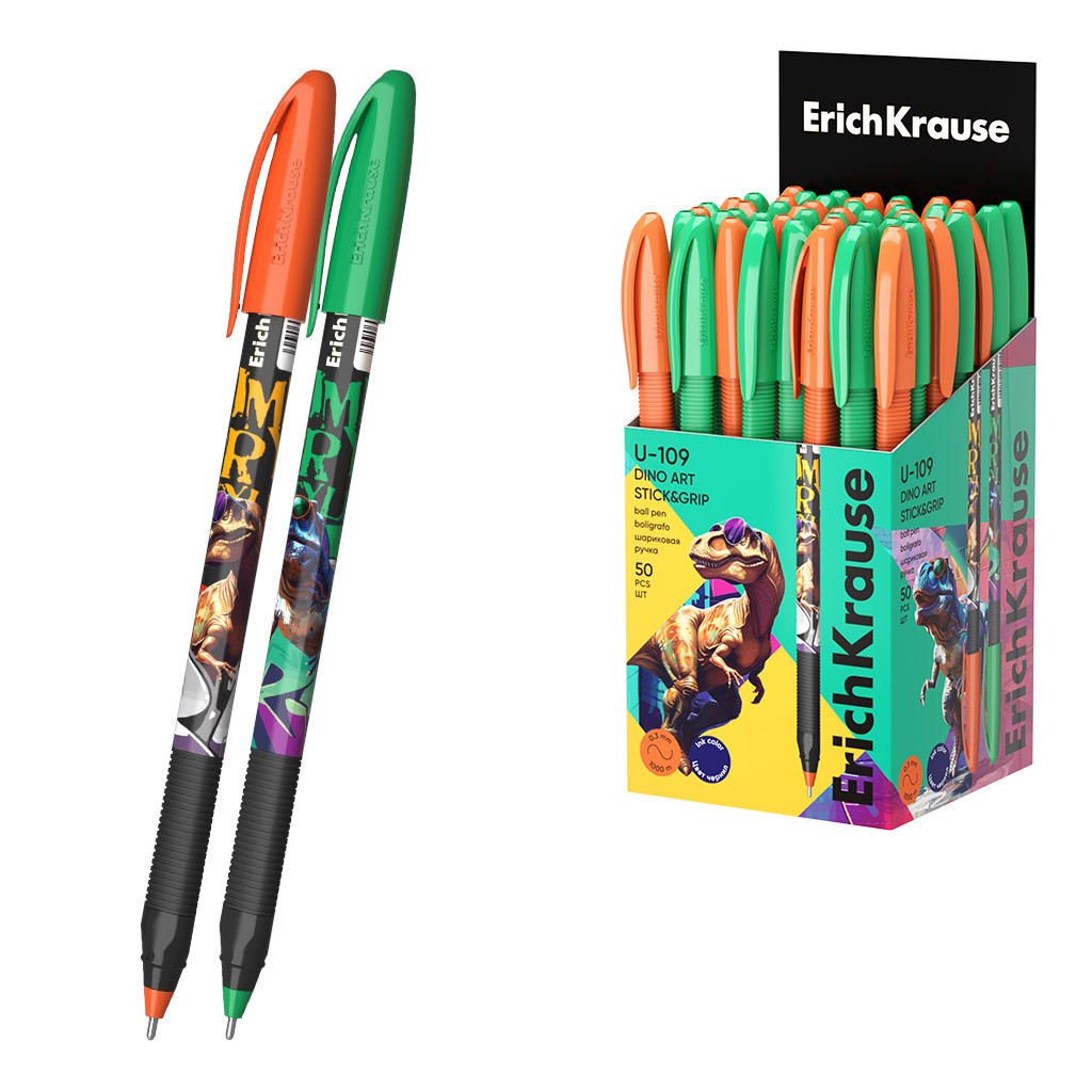 63109 Ручка шариковая ErichKrause U-109 Stick&Grip Dino Art 1.0, Ultra Glide Technology, цвет чернил синий (в коробке по 50 шт.)